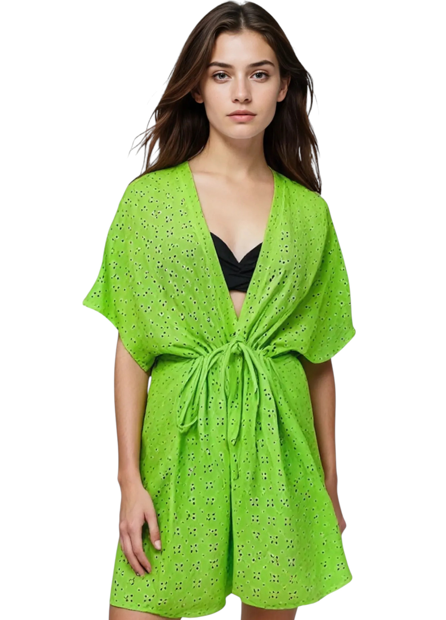 Plážové kimono s vázačkou - NEON ZELENÁ – foto 3